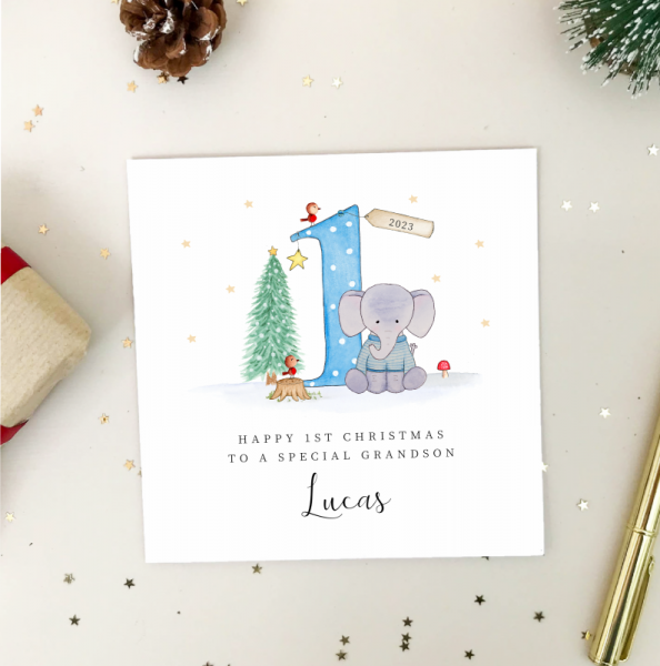 Boys 1st Christmas Card - Elephant