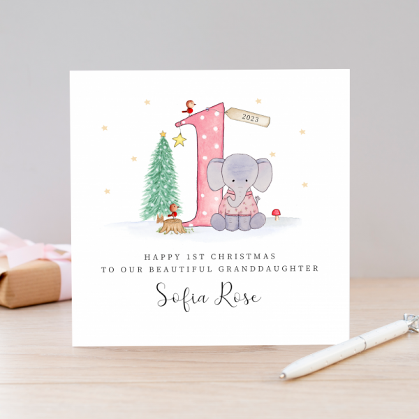 Girls 1st Christmas Card - Elephant