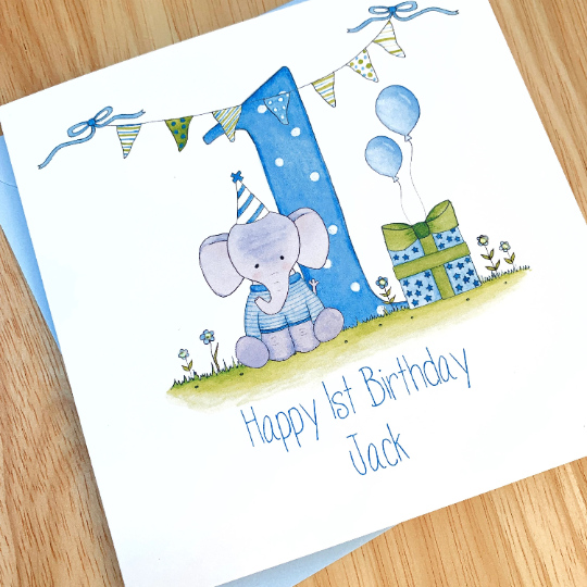 Personalised Boys 1st Birthday Card - Elephant