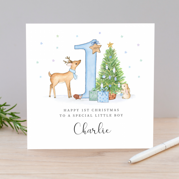 Personalised 1st Christmas Card For A Little Boy - Blue
