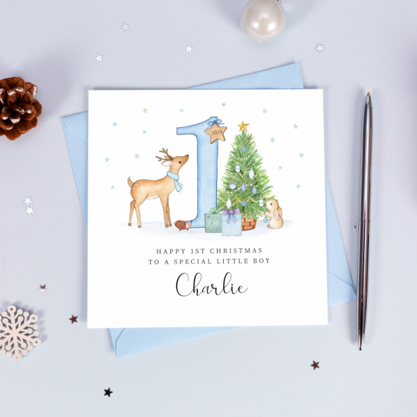 Personalised 1st Christmas Card For A Little Boy - Blue