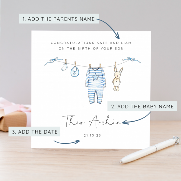 Personalised New Baby Boy Card  Washing Line