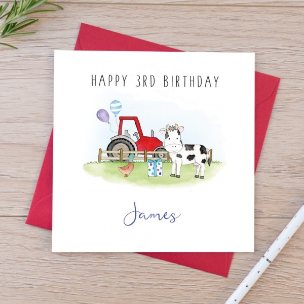 Personalised Childrens Birthday Card  Tractor and cow on a farm