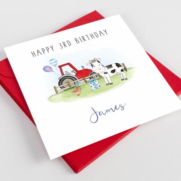 Personalised Childrens Birthday Card  Tractor and cow on a farm