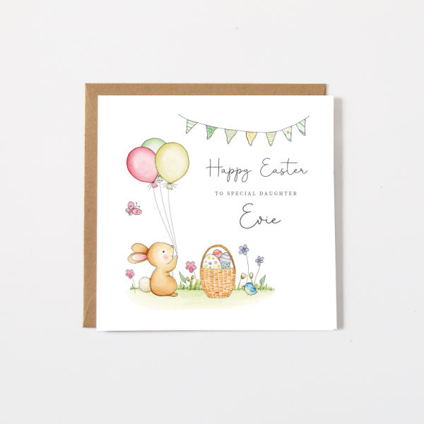 Personalised Girls Easter Card - Bunny with Balloons, Daughter Granddaughter Niece