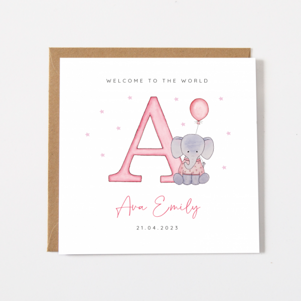 Personalised New Baby Card For A Girl - Elephant Alphabet Letter Card