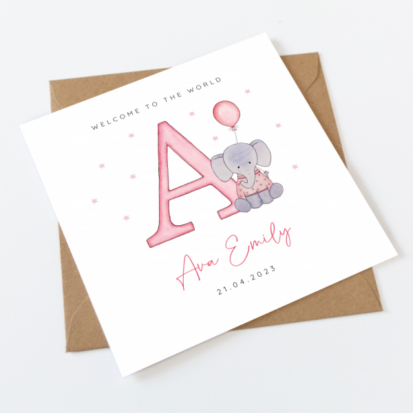 Personalised New Baby Card For A Girl - Elephant Alphabet Letter Card