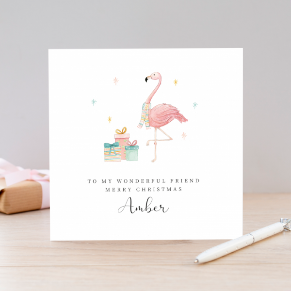 Personalised Christmas card for her - Flamingo