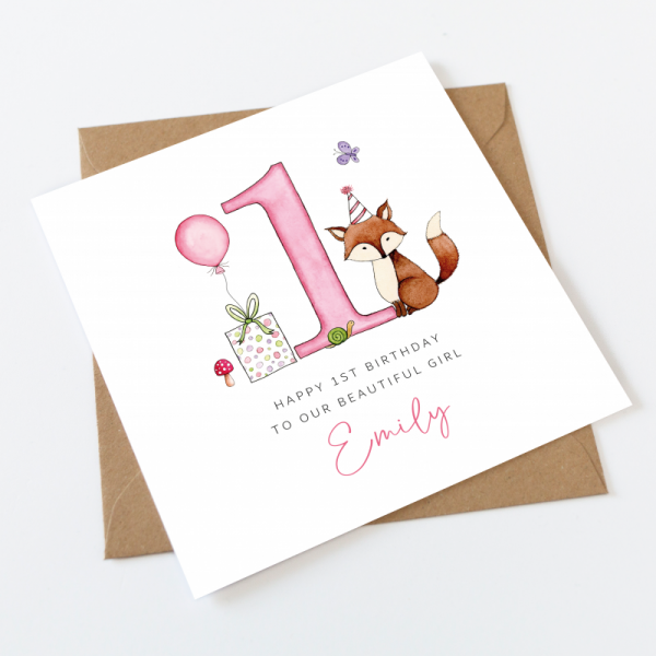 Personalised Girls 1st Birthday Card - Fox