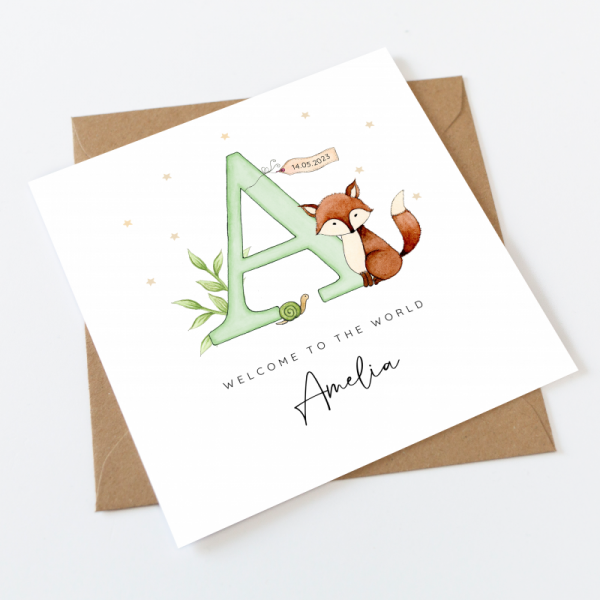 Personalised New Baby Card  For Girl or Boy - Fox Woodland Theme