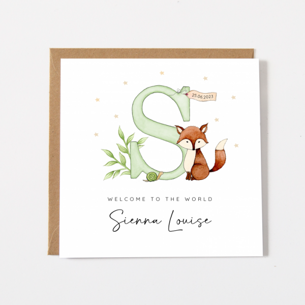 Personalised New Baby Card  For Girl or Boy - Fox Woodland Theme