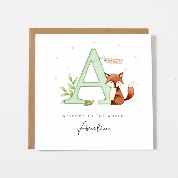 Personalised New Baby Card  For Girl or Boy - Fox Woodland Theme
