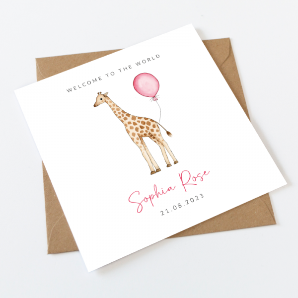 Personalised New Baby Girl Card - Giraffe