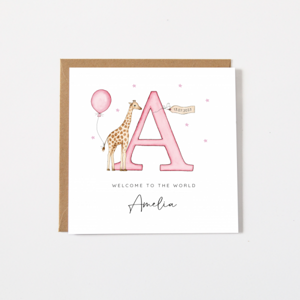 Personalised Baby Girl Card - Giraffe Alphabet Letter