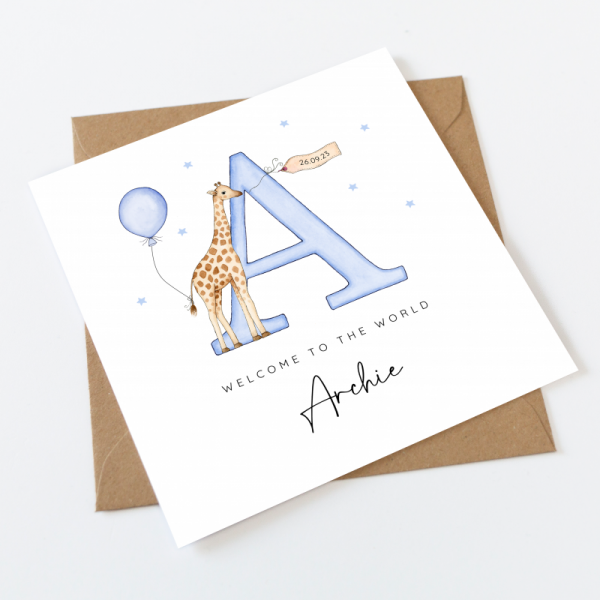 Personalised New Baby Boy Card - Alphabet Letter and Giraffe