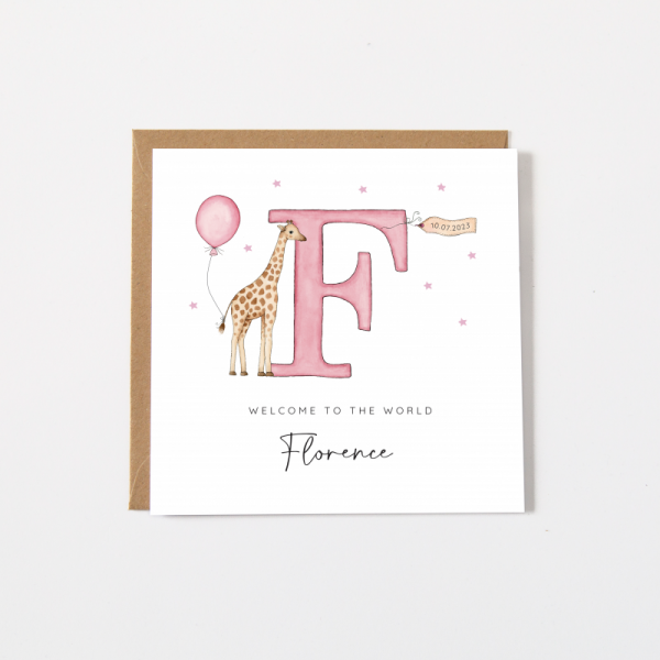 Personalised Baby Girl Card - Giraffe Alphabet Letter