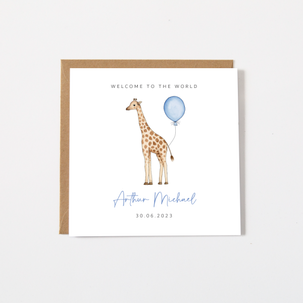 Personalised New Baby Boy Card - Giraffe and Balloon