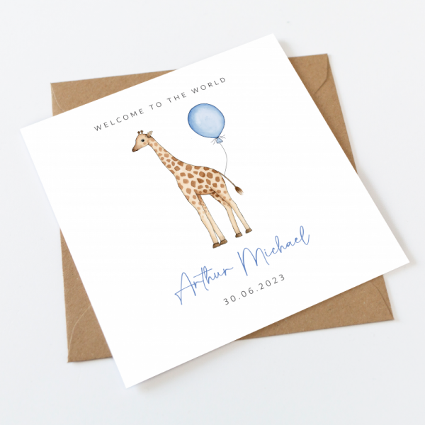 Personalised New Baby Boy Card - Giraffe and Balloon