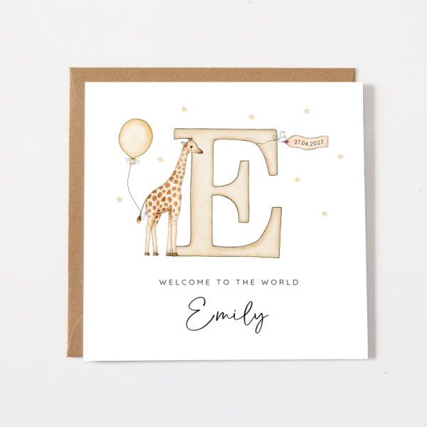 Personalised New Baby Card  For Girl or Boy - Giraffe