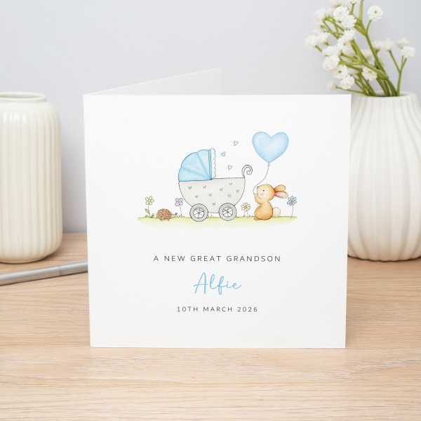 Tarjeta De Felicitación Hecha A Mano Para Bisnieto Recién Nacido - Tarjeta De Algodón Blanco Con Sonajero Azul - Regalo Personalizado