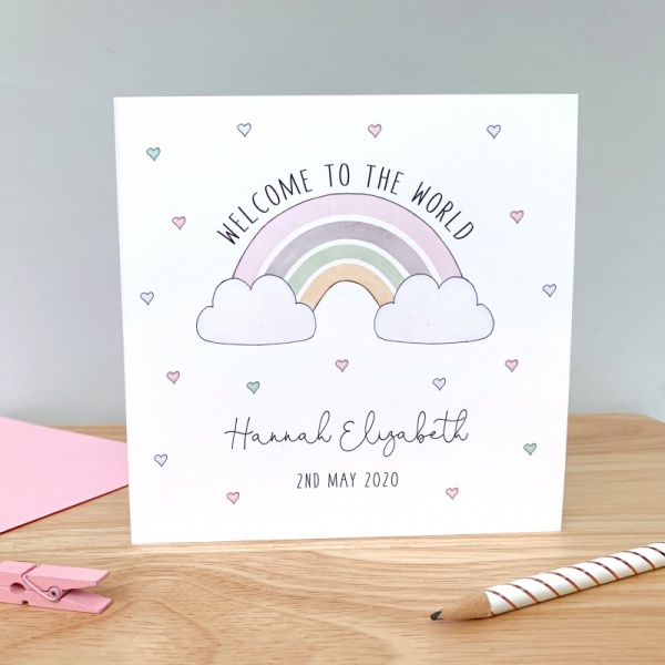 Personalised New Baby Girl Card  Rainbow Baby Card