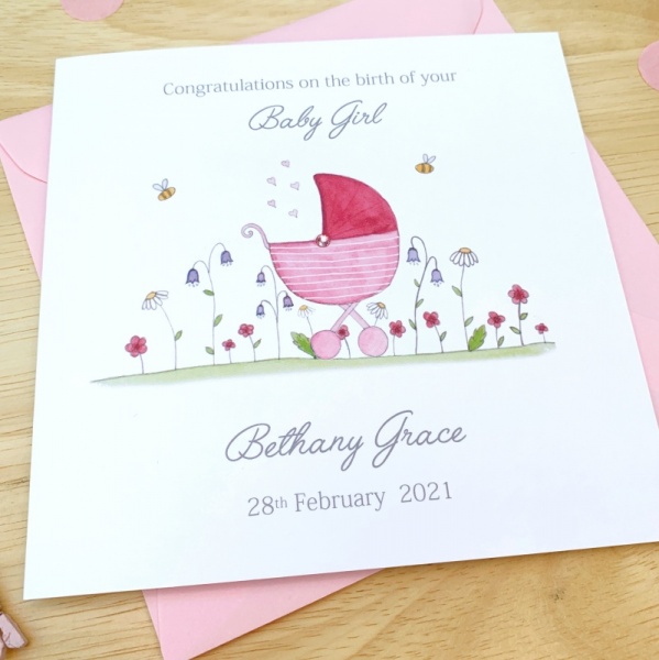 Personalised New Baby Girl Card - Pram with flowers