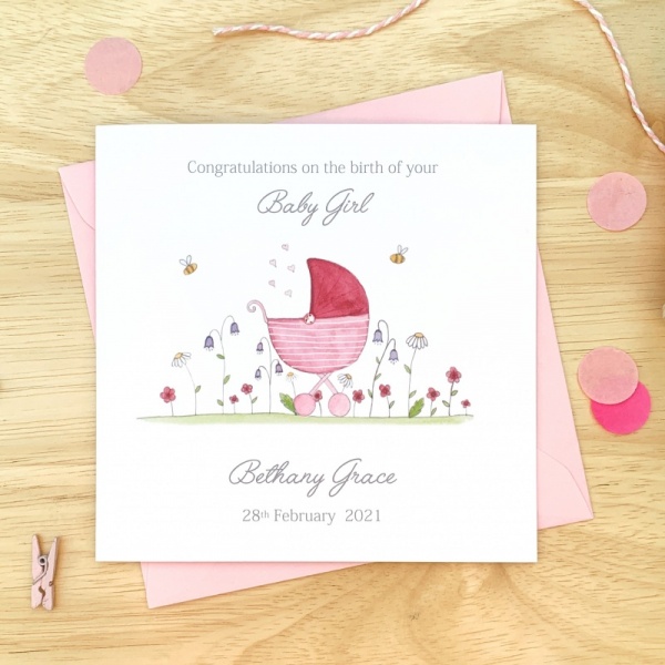 Personalised New Baby Girl Card - Pram with flowers