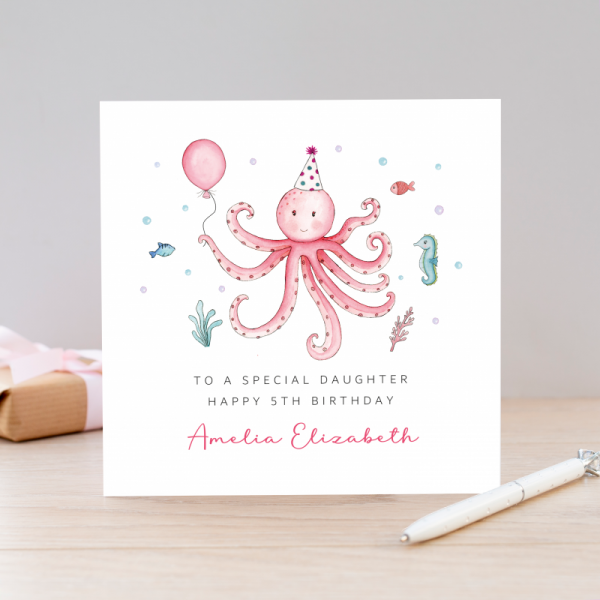 Girls Birthday Card - Octopus under the ocean