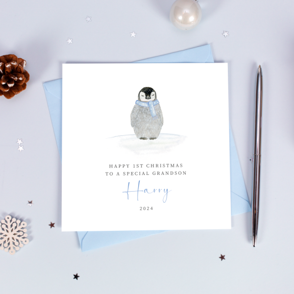 Personalised Boys 1st Christmas Card - First Christmas Card - Penguin