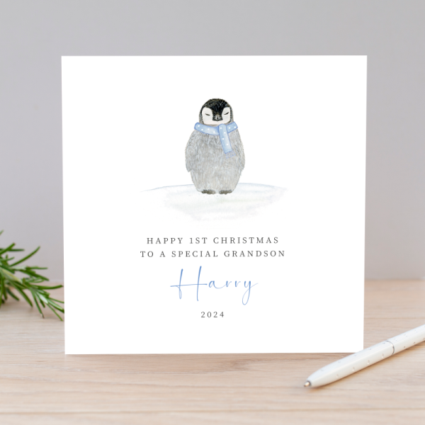 Personalised Boys 1st Christmas Card - First Christmas Card - Penguin