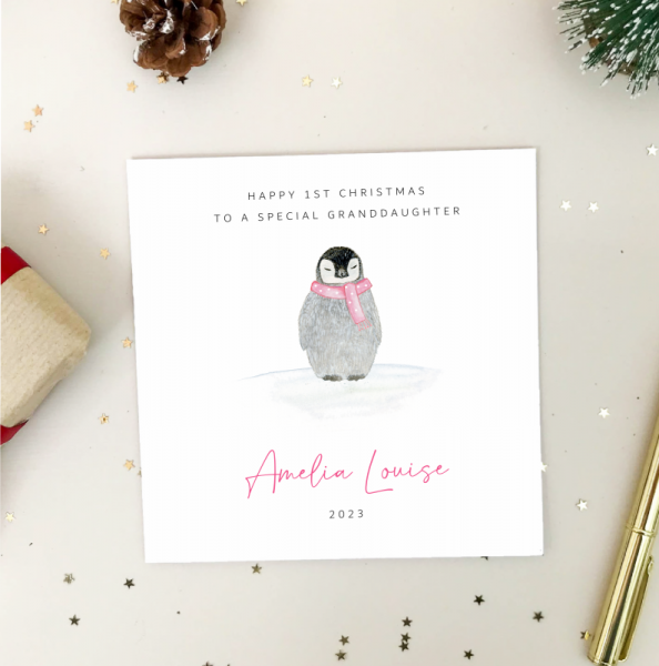 Personalised Girls 1st Christmas Card - First Christmas Card - Penguin