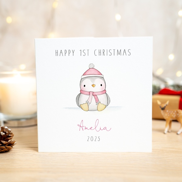 Personalised Girls First Christmas Card - 1st Christmas Card - Penguin ...