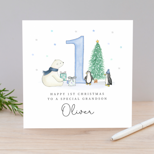 Personalised 1st Christmas Card For A Boy - Polar Bear