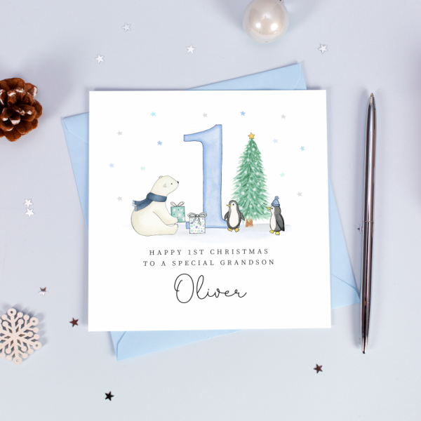 Personalised 1st Christmas Card For A Boy - Polar Bear
