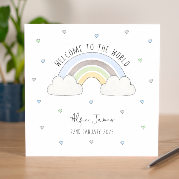 Personalised New Baby Boy Card  Rainbow Baby Boy Card