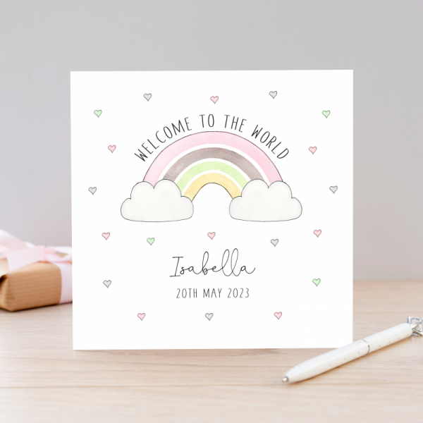 Personalised New Baby Girl Card  Rainbow Baby Card