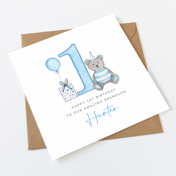 Personalised Boys 1st Birthday Card - Teddy Bear