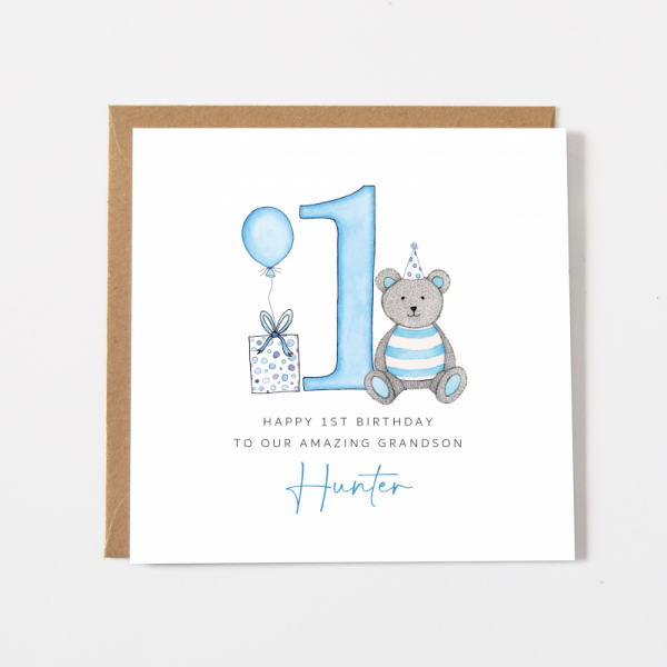 Personalised Boys 1st Birthday Card - Teddy Bear