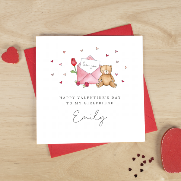 Personalised Valentine's Day Card With Teddy and Rose