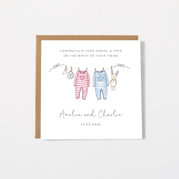 Personalised Baby Twins Card - Washing Line