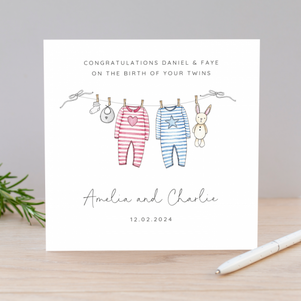Personalised Baby Twins Card - Washing Line