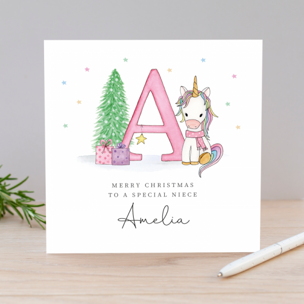 Personalised Girls Unicorn Christmas Card
