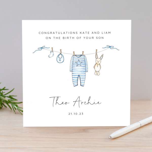 Personalised New Baby Boy Card  Washing Line