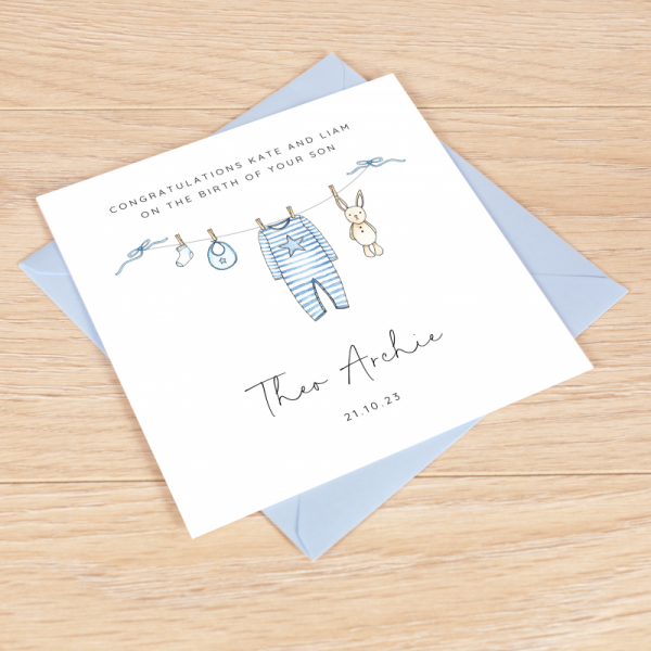 Personalised New Baby Boy Card  Washing Line