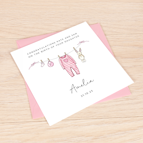 Personalised Handmade New Baby Girl Card  Washing Line