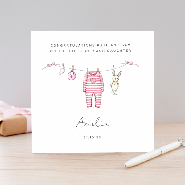 Personalised Handmade New Baby Girl Card  Washing Line
