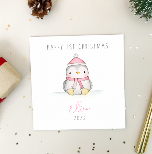 Personalised Girls First Christmas Card - 1st Christmas Card - Penguin