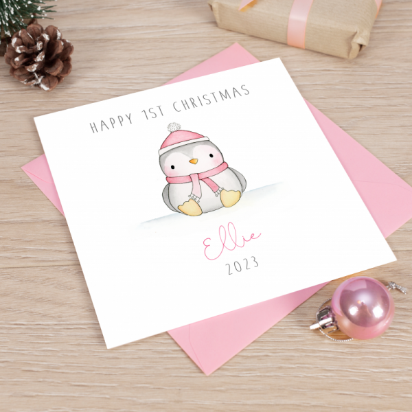 Personalised Girls First Christmas Card - 1st Christmas Card - Penguin