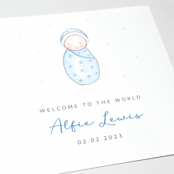 Personalised New Baby Boy Card - Baby in blanket