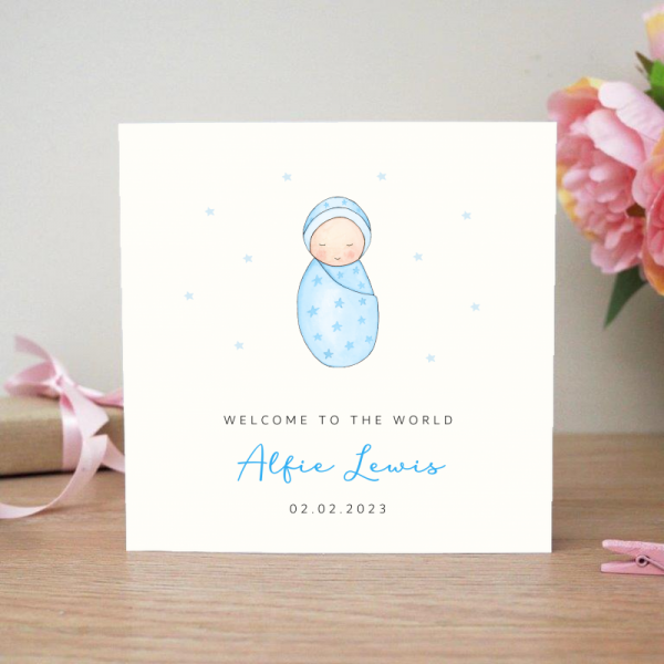 Personalised New Baby Boy Card - Baby in blanket